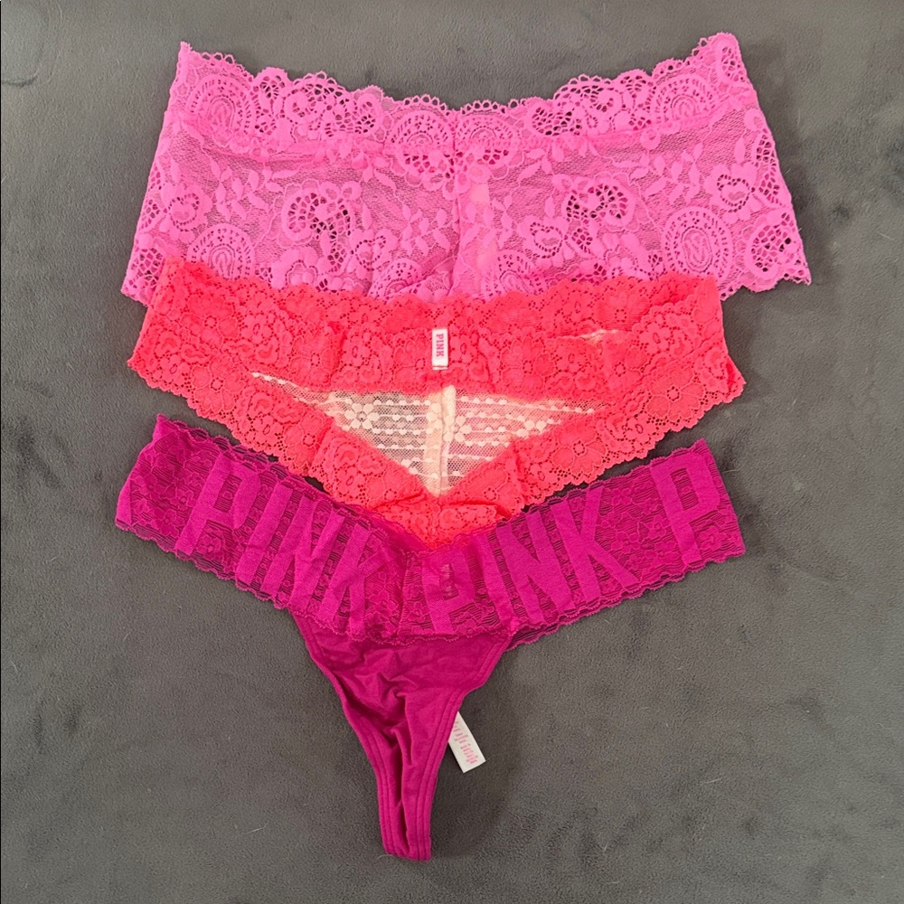 PINK Victoria's Secret Lace Cheeky & Thong Panty Set - Pink, Coral, Magenta